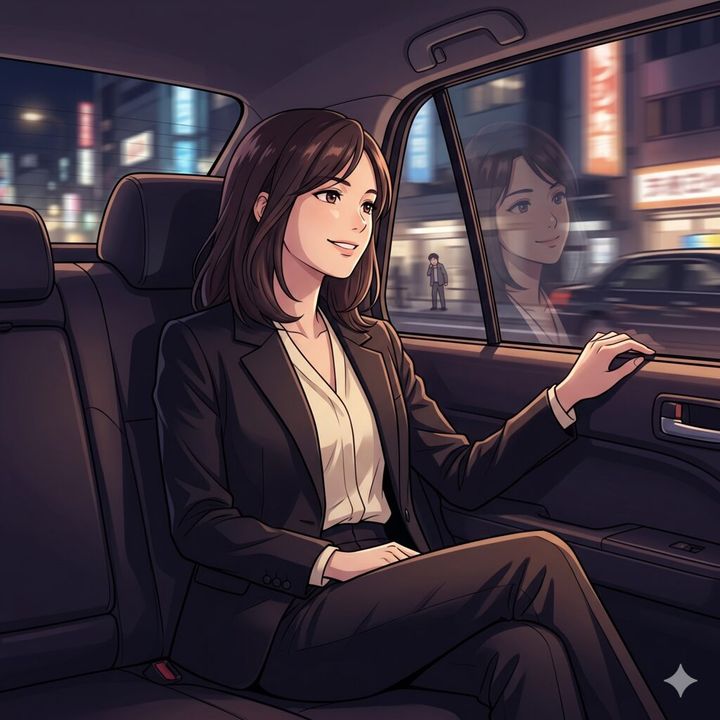 Woman in a black blazer and white blouse sitting in the backseat of a car at night, city lights outside the window