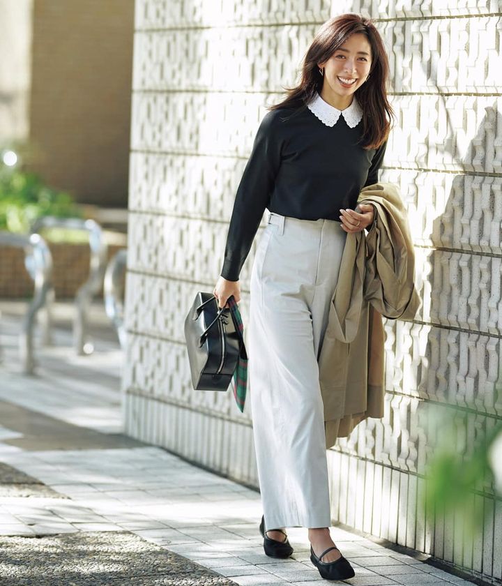 野沢和香 衿付きニット パンツ 保護者会コーデ