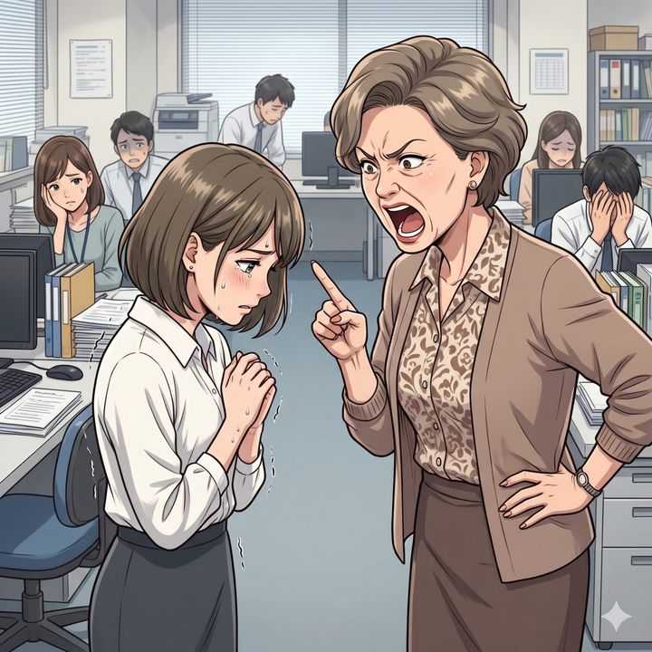 An angry supervisor yells at a crying employee in a crowded office, coworkers look distressed in the background.