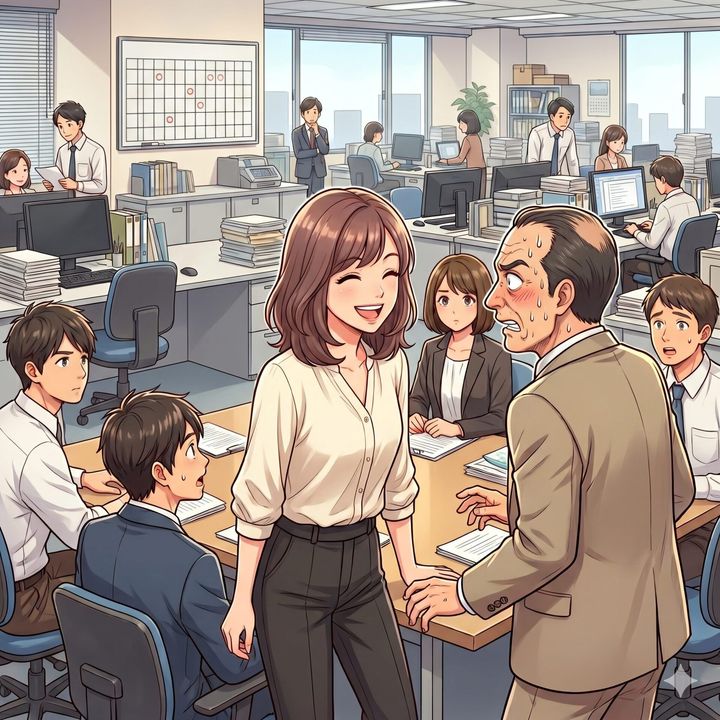 Busy open-plan office with employees at desks, some talking, others on computers; two central figures stand nearby as others work around them.