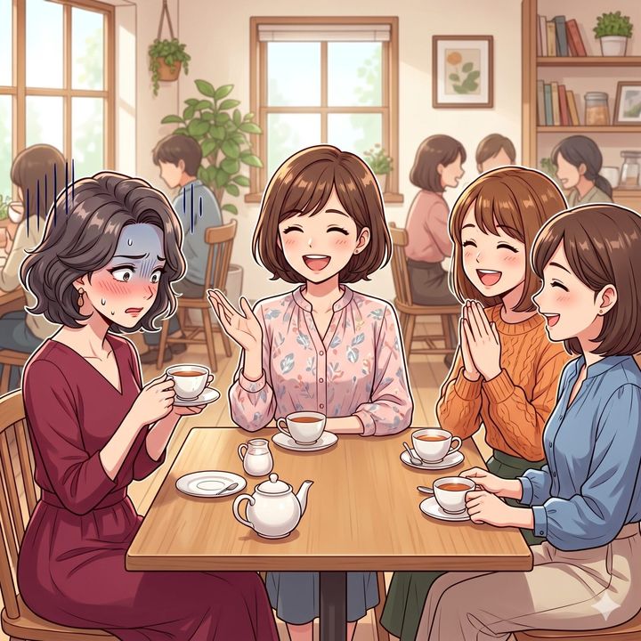 A group of women chatting and laughing at a cafe table with tea cups and a teapot in the foreground.