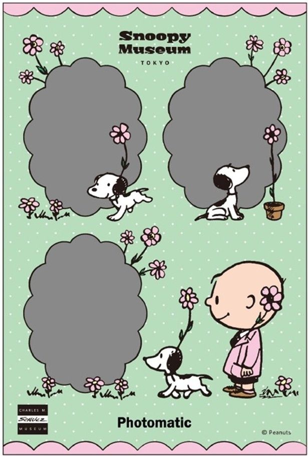 セルフフォトブース「Photomatic」の期間限定フレーム。花と50年代のスヌーピー＆チャーリー・ブラウンが描かれた春らしいデザイン