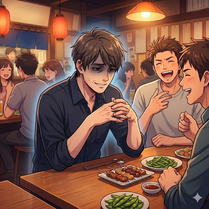 Three young men share a meal at a wooden counter in a cozy Japanese izakaya, with skewers and edamame in view in the foreground.