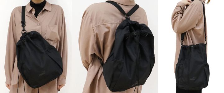 PUMAの黒マルチバッグをショルダー・バックパック・ボディバッグの3通りで使う女性