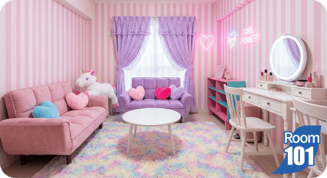 ピンクを基調としたポップな101号室の部屋