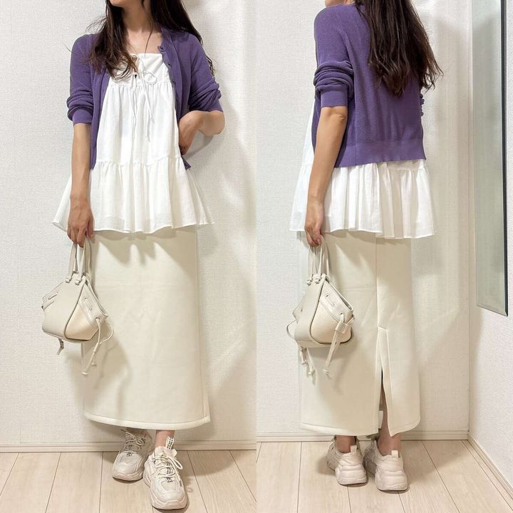 GU キャミソールチュニック コーデ オフホワイトスカート きれいめ
