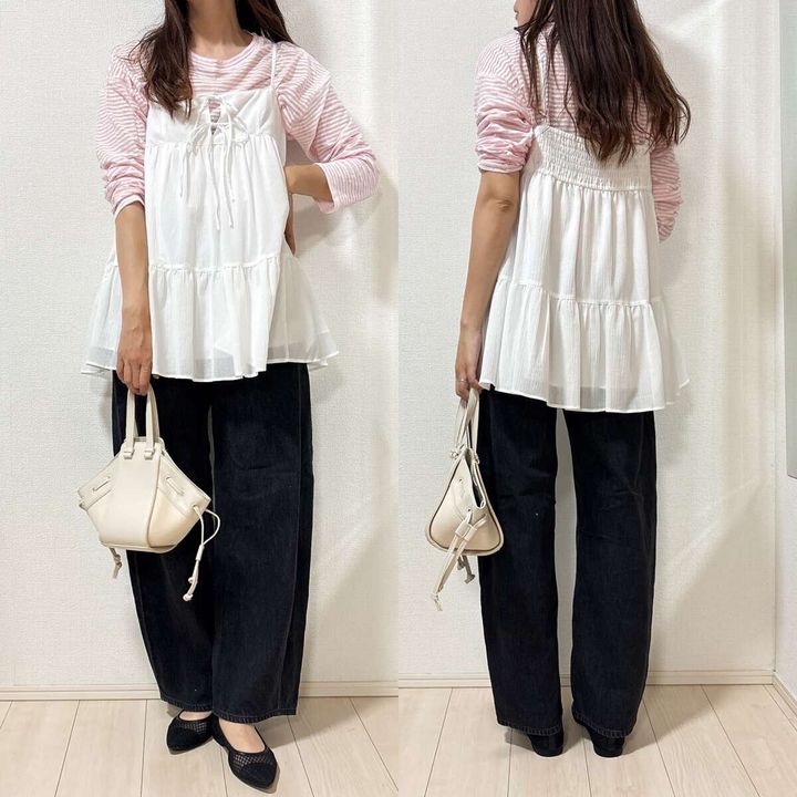 GU キャミソールチュニック コーデ ピンクシアーT バレルレッグ