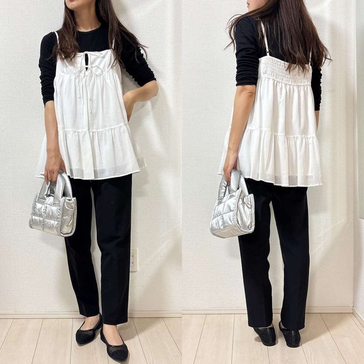 GU キャミソールチュニック コーデ ブラック上下 ロンT