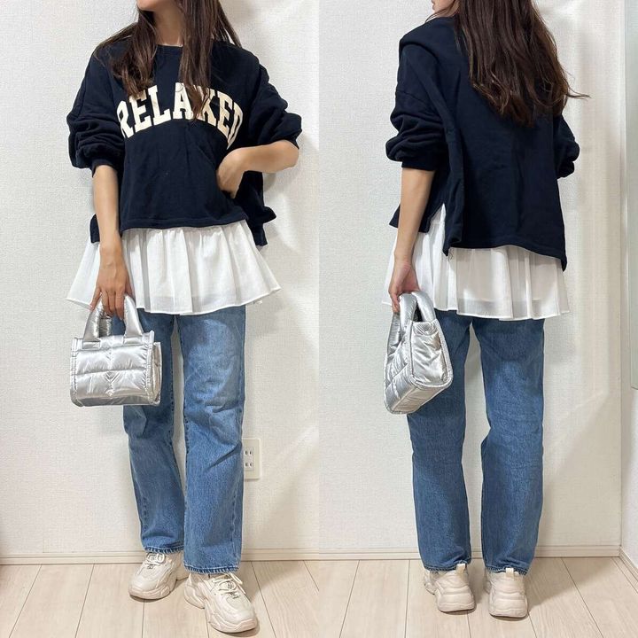 GU キャミソールチュニック コーデ デニム ロゴスウェット レイヤード