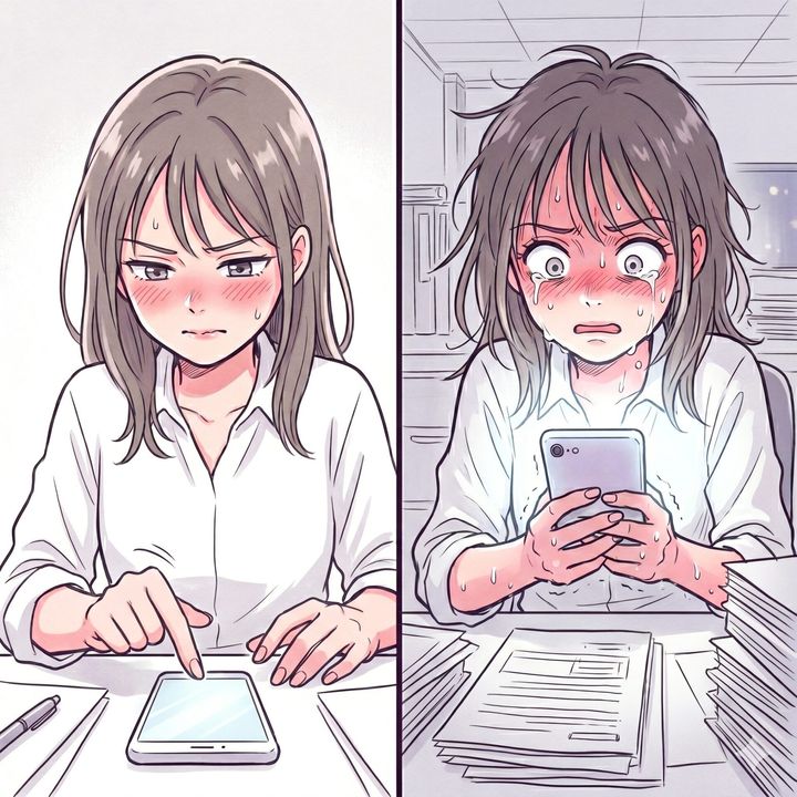 Two-panel comic: left shows a calm girl typing at a desk; right shows the same girl panicked, sweating, looking at her phone amid scattered papers.