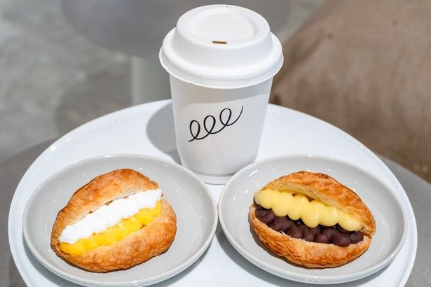 写真上から時計回りに、ドリップコーヒーの「KURO」Regular(600円)、「THE PIE あんバター」、「THE PIE カスタード」(各350円)