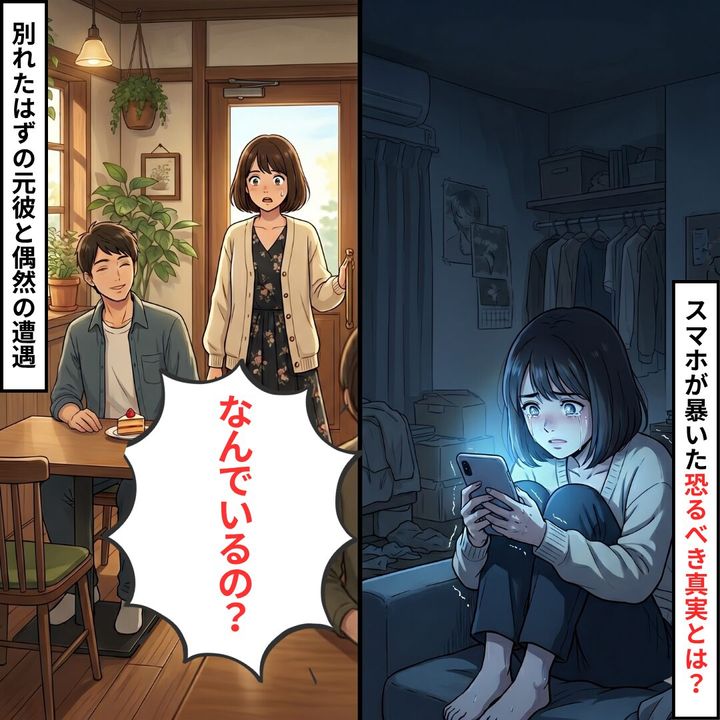 Split-panel manga: left shows a surprised woman entering a cozy cafe where a man sits with cake; right shows a sad girl in a dark room crying while looking at her phone.