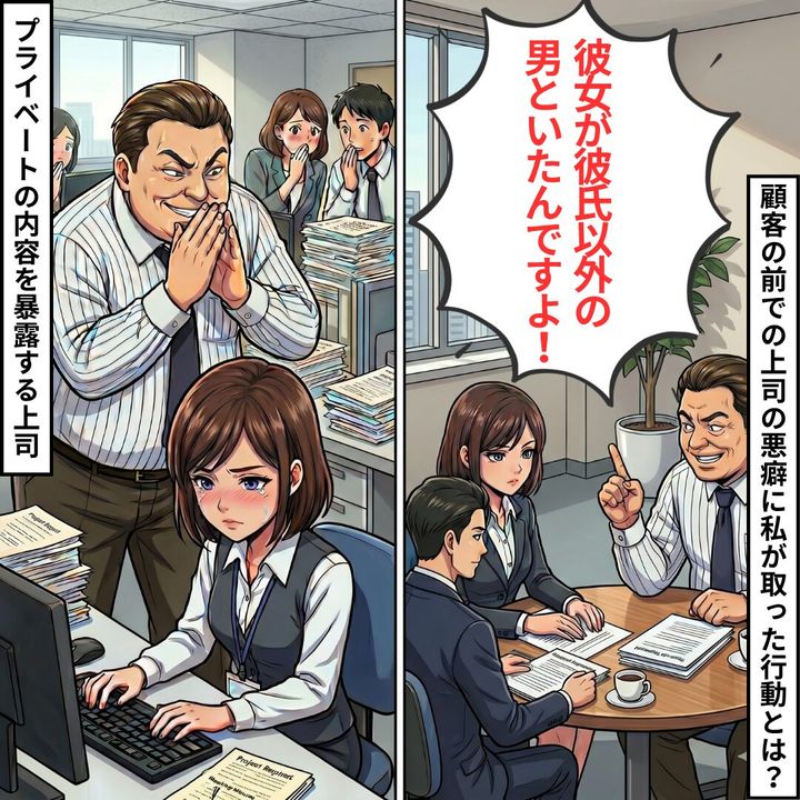Boss looms over a worried female employee at her computer while two coworkers whisper in the background in a comic panel.
