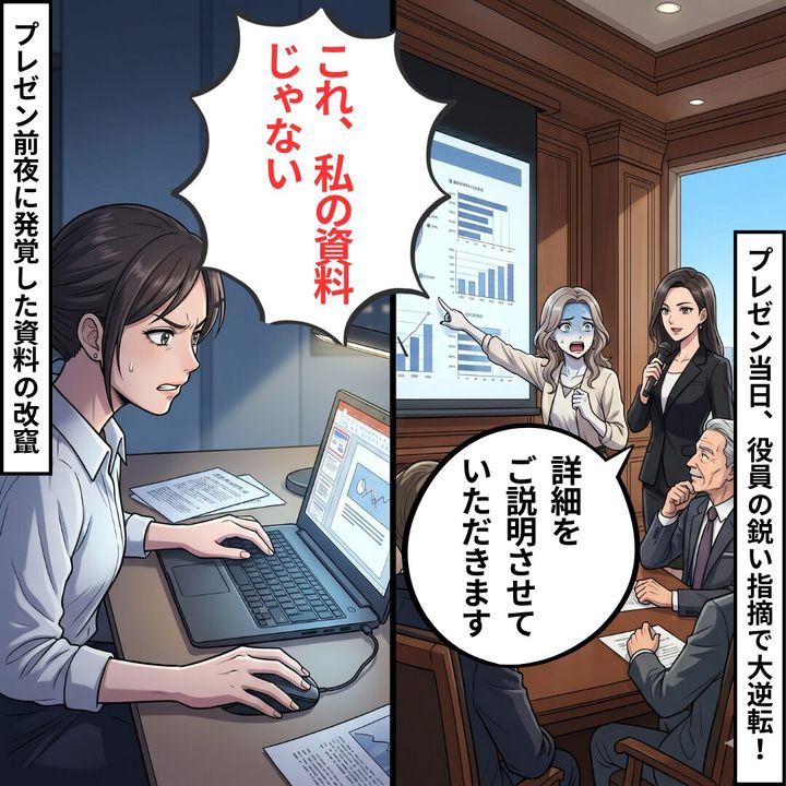 Two-panel manga: left shows a frustrated woman at a laptop, speech bubble reads 'This isn't my data'; right shows a formal meeting with a presenter and officials beside a chart.
