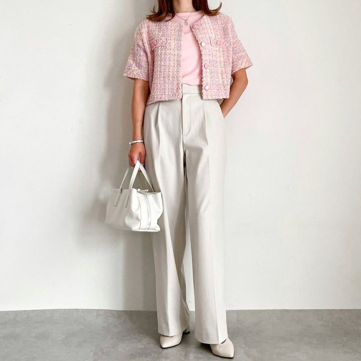 GU ソフトシアークルーネックT コーデ タックワイドパンツ ツイードジャケット