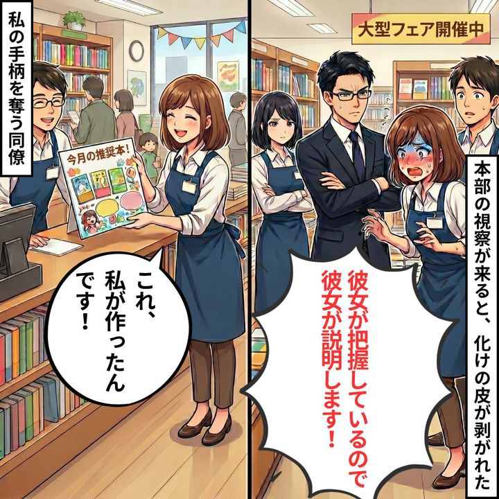 In a bookstore, a cheerful female staff member shows a colorful promo poster to customers while others look on. A second panel shows a suited man with arms crossed and a distressed colleague as banners read '大型フェア開催中'. Speech bubbles say 'これ、私が作ったんです！' and '彼女が把握しているので彼女が説明します！'