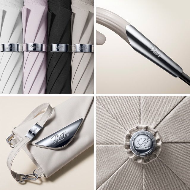 ReFa SUNIR SHADEのカラー展開・ハンドル・専用ポーチ・傘頂部のロゴエンブレム詳細