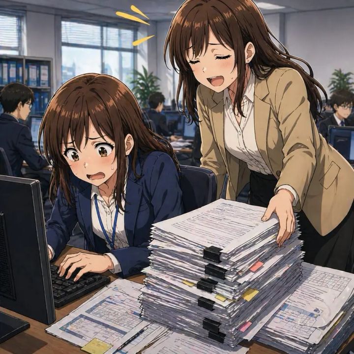 Overwhelmed woman sits at a computer as a coworker cheerfully helps heap a huge stack of papers on the desk in a busy office.