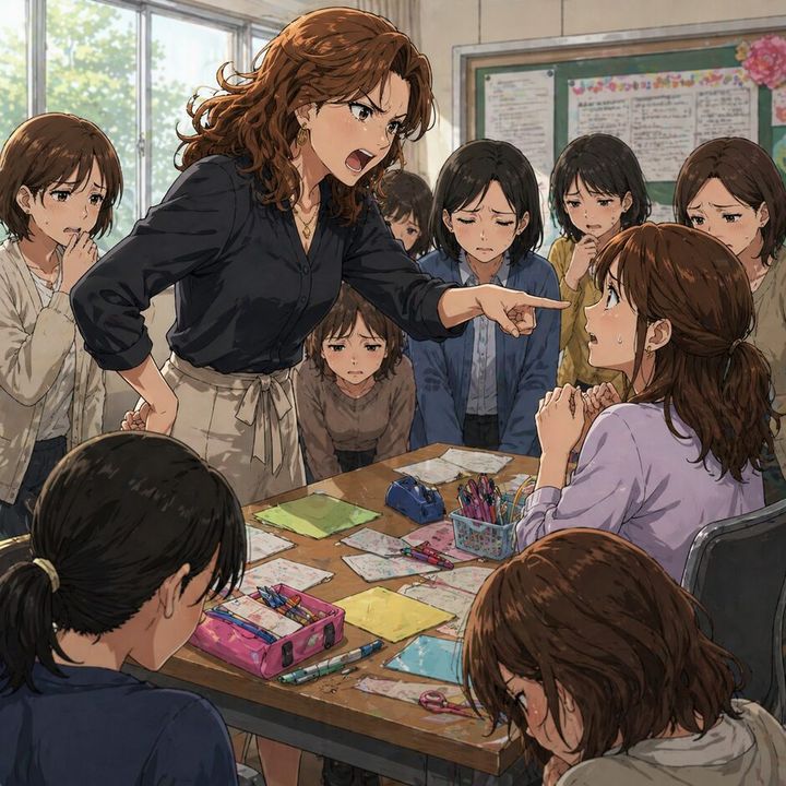 Angry teacher points and yells at a seated student as classmates look on in a crowded classroom, papers and pencils scattered on the desk in front of them.