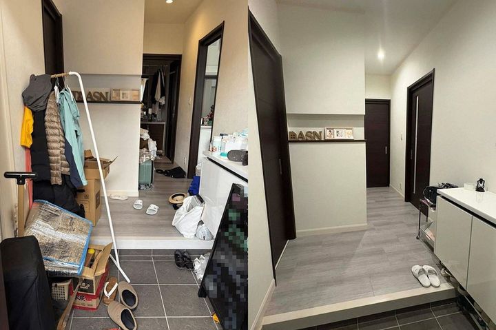 あるお家の玄関。左が片づける前で右が片づけた後。