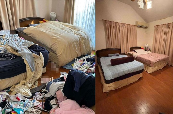 あるお家の寝室。左が片づける前で右が片づけた後。