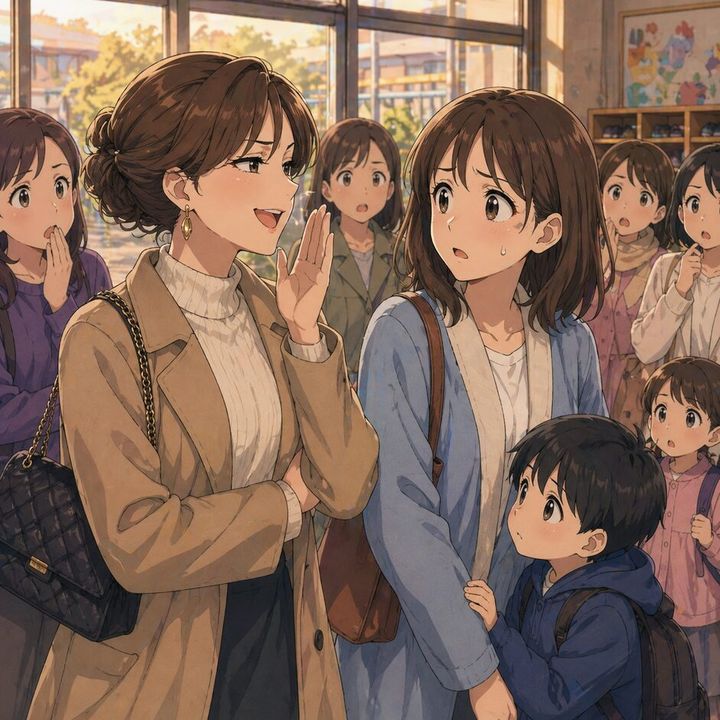 Two women in a crowded store chat; one gestures with her hand while a mother and her curious son listen as bystanders watch.