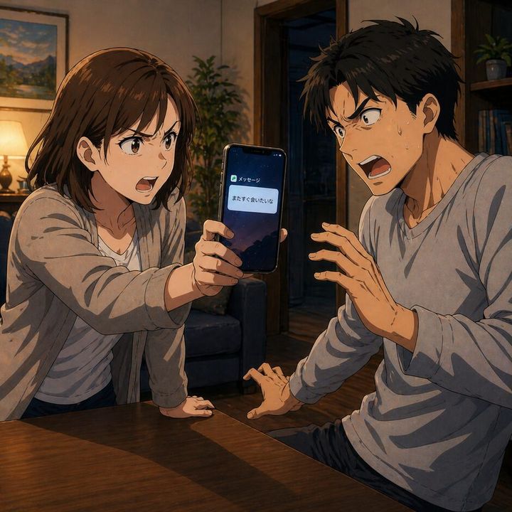 A tense moment between a woman and a man arguing over a smartphone showing a message that reads “I want to see you again soon” in a cozy living room at night.