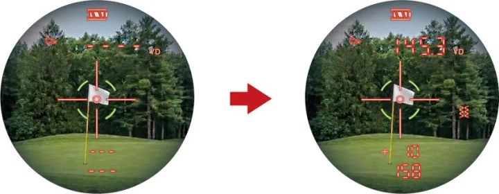 Shot Navi STEADY のポイント計測。目標物に向けてレーザーを照射し距離を表示する様子