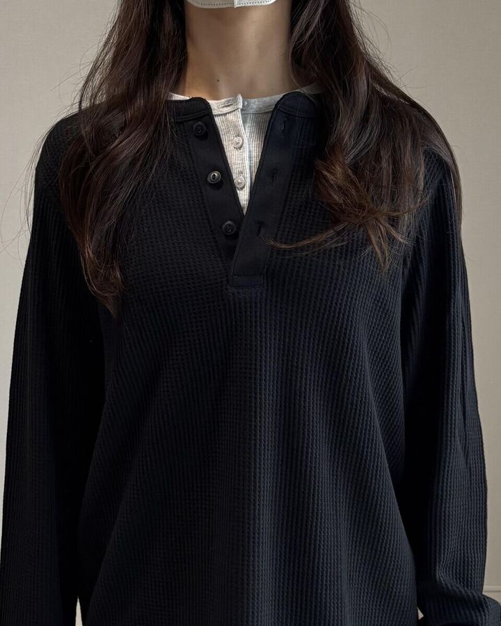 ユニクロ ワッフルヘンリーネックT 首元アップ