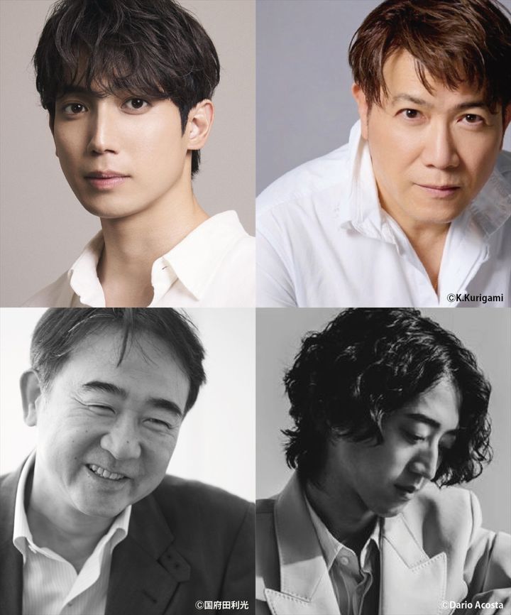 ミュージカル『民王』（上段左より）主演・有澤樟太郎、共演・別所哲也、（下段左より）原作者・池井戸潤、音楽・角野隼斗 width=
