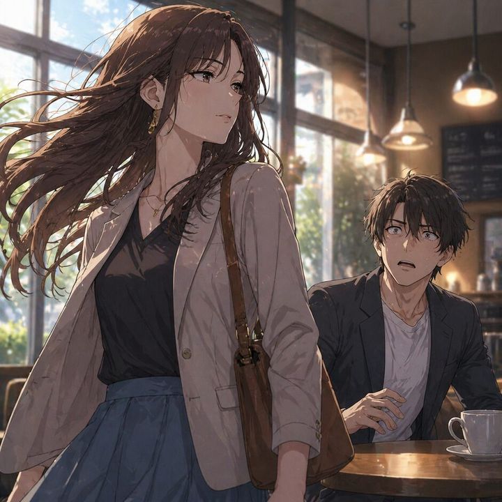 Woman in a light blazer and dark top walks past a seated man in a sunlit cafe, calm outside light streaming in.