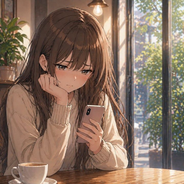 Young woman with long brown hair sits in a cozy cafe, looking at her smartphone with a sad expression.
