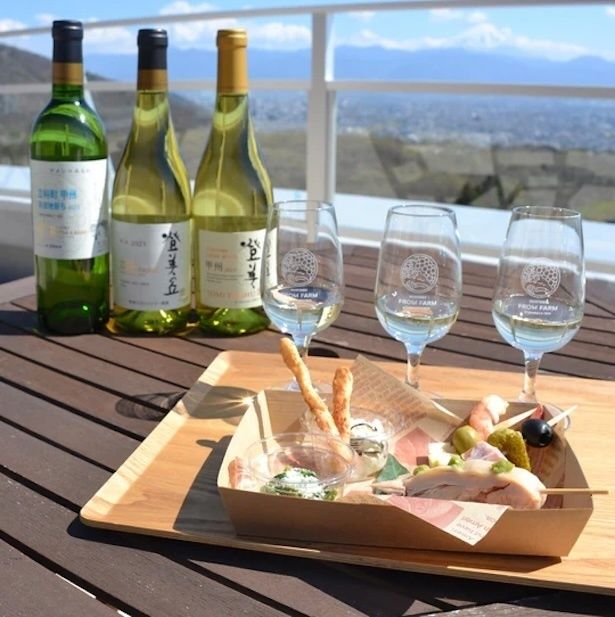 山々を眺めながら甲州ワインをテイスティング