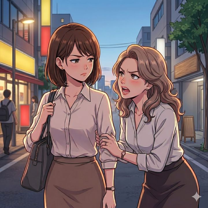 Two women walking on a city street at dusk; the right woman leans in, speaking urgently while gripping the left woman's arm.