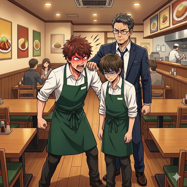 Angry waiter shouts at a coworker in green apron while a stern boss places a reassuring hand on the younger worker in a restaurant.