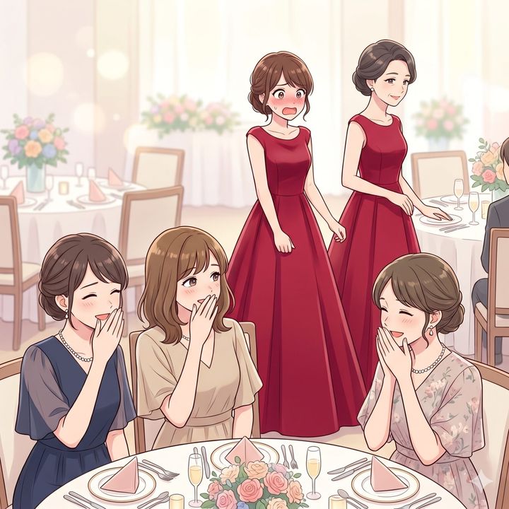 Two women in matching red evening gowns stand beside a round dining table while guests gasp and cover their mouths in surprise at a formal event. jewelry and floral centerpieces hint at a wedding reception.