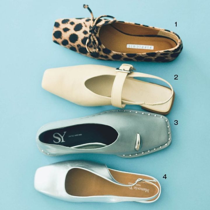 1. なめらかでぬくもりのあるレオパード柄の生地。つま先は薄くてノーズが長いクリーンな形。靴［Ｈ0.5］¥37,400(ピッピシック／ベイジュ) 2. シャープなスクエアトゥがスタイリッシュ。深めの履き込みと太めのベルトで甲をしっかりホールド。靴［Ｈ1］¥25,300(オデット エ オディール／オデット エ オディール 新宿店) 3. がっしりしたトゥで足元に強さを投入。メタルパーツとスタッズが個性的。靴［Ｈ1.5］¥14,960(シー ユナイテッドアローズ／ユナイテッドアローズ カスタマーサービスデスク) 4. コーデのポイントになるシルバー。トゥが長すぎないプレーンなデザイン。靴［Ｈ1］¥33,000(マノヴィエ トスカーネ／シップス インフォメーションセンター)