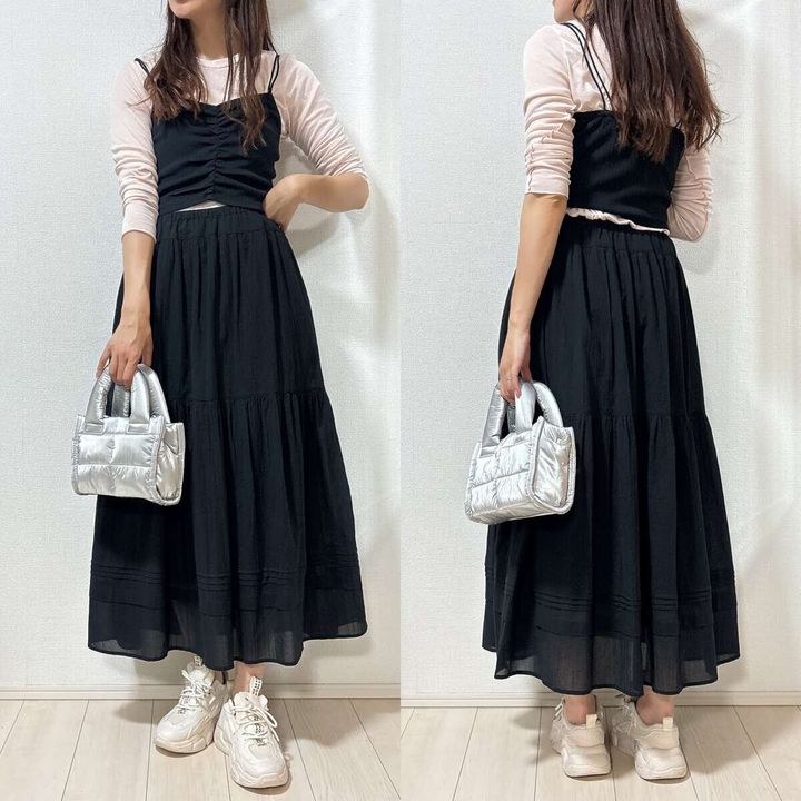 ユニクロ ティアードマキシスカート コーデ ビスチェ ワンピ風