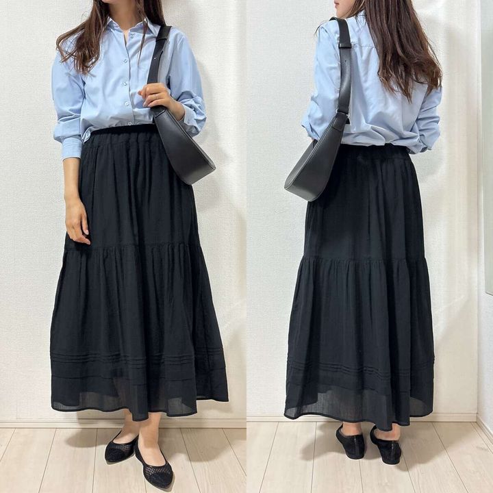 ユニクロ ティアードマキシスカート コーデ シャツ オフィス
