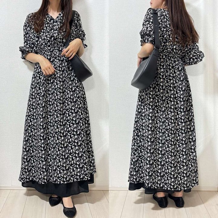 ユニクロ ティアードマキシスカート コーデ 花柄ワンピ レイヤード