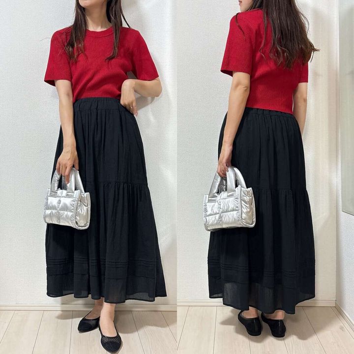 ユニクロ ティアードマキシスカート コーデ レッドニット 大人可愛い