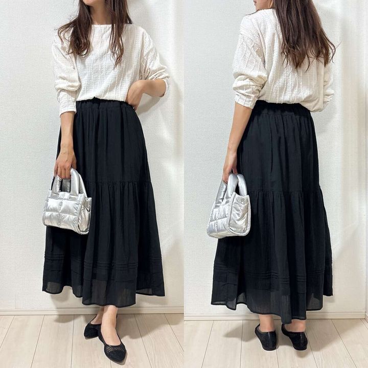 ユニクロ ティアードマキシスカート コーデ ロンT キレイめカジュアル