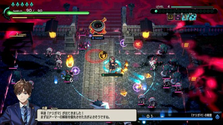 宵祓い探偵ミアズマブレイカーの戦闘ステージ画面。赤い背景の石畳エリアで複数の敵と交戦中、シールドゲージ・コンボ数・ターゲット表示が確認できるアクションRPG戦闘シーン