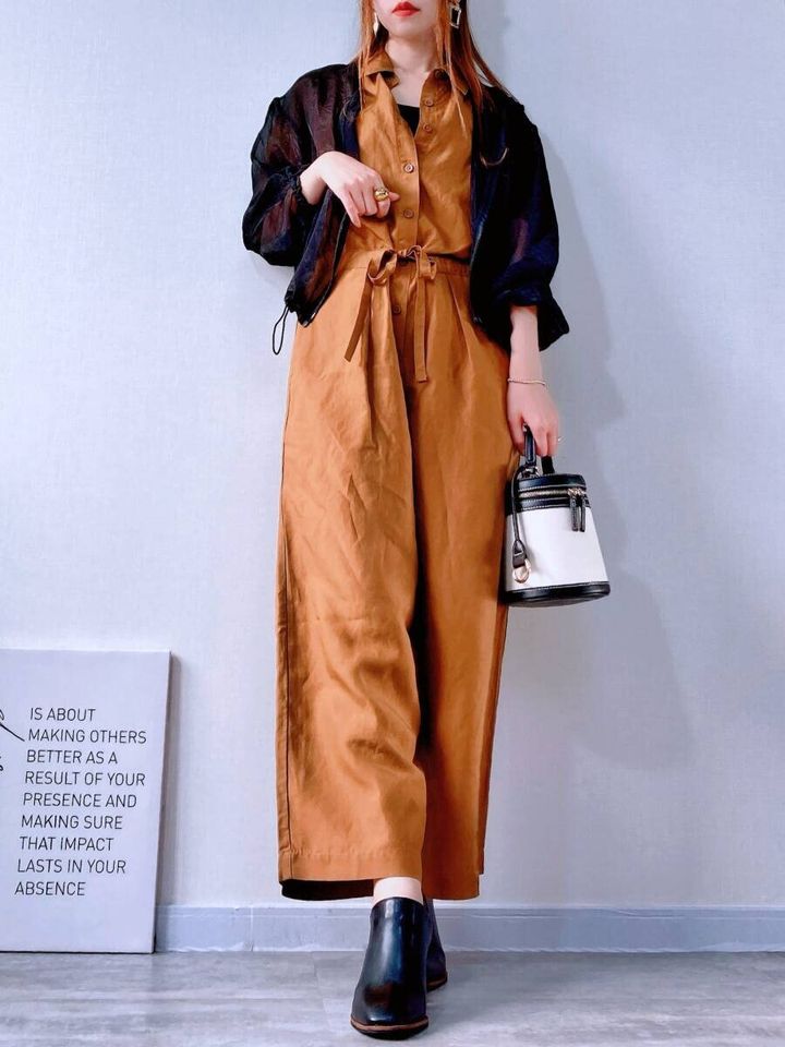 ユニクロ リネンブレンドジャンプスーツ シアー黒ブルゾン 春コーデ