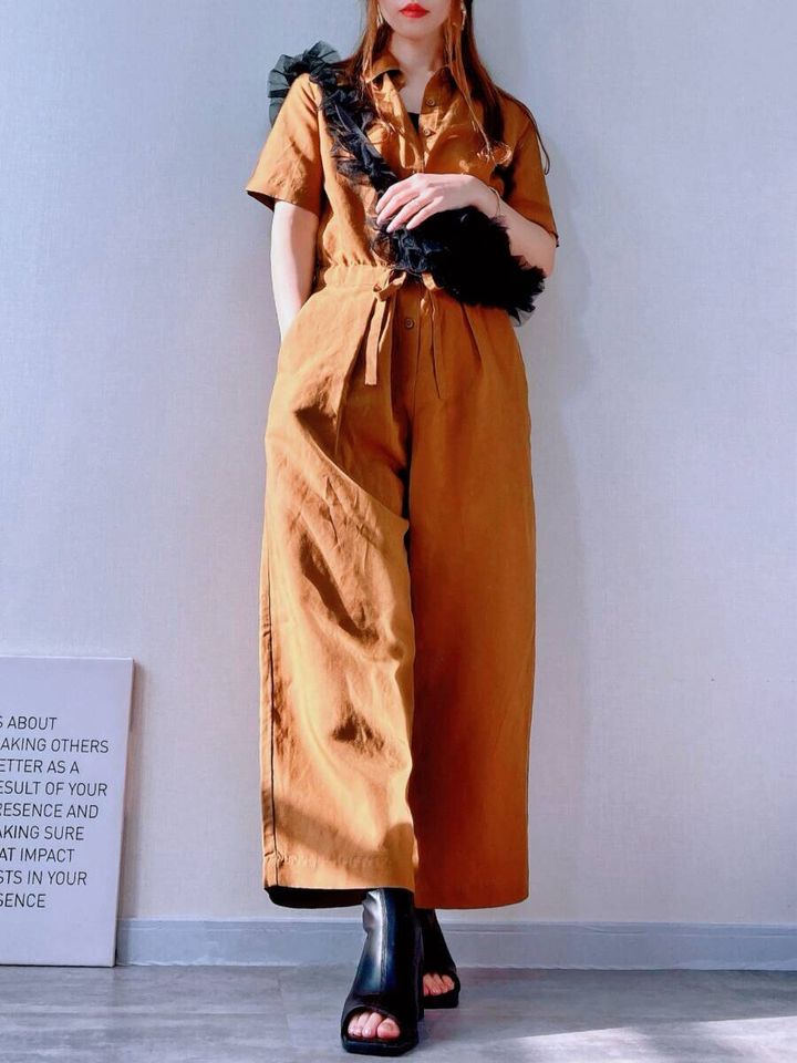 ユニクロ リネンブレンドジャンプスーツ チュールバッグ 初夏コーデ