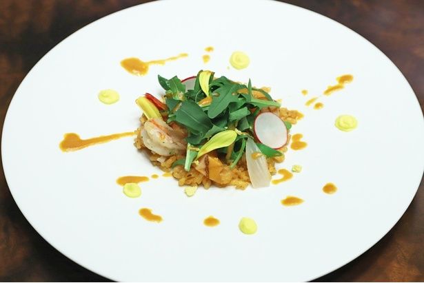 「東京ディズニーシー25周年“スパークリング・ジュビリー”スペシャルディナー」の前菜「クレオールライスに乗せたシュリンプとアトランティックサーモンのノヴァロックス風 シェーブルチーズのクリームと春野菜のサラダ」