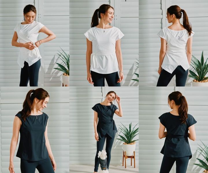 水陸両用 UPF50＋ レイヤードトップスセット サイドパネル仕様のカップ一体型トップスとウエストリボン付きTシャツのセット ホワイトとブラック