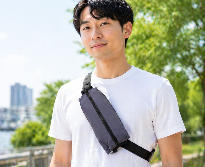 体幹冷却ポーチをグレーのボディバッグ型で斜めがけした男性の屋外着用カット。夏の公園を背景に実際の装着感とサイズ感が確認できる