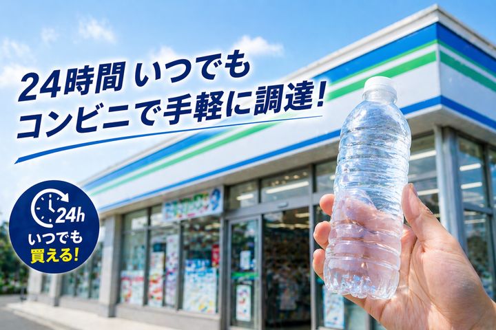 コンビニ店舗前でペットボトルを手に持つカット。24時間いつでもコンビニで冷却材を調達できるという利便性を訴求するテキスト入り