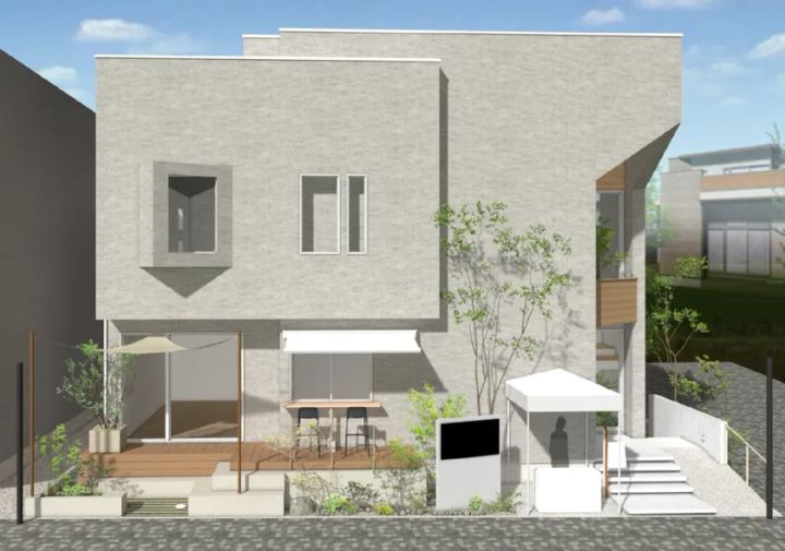 泉北ホームみのお第2展示場のCGパース外観。白系タイル張り2階建てモデルハウスにウッドデッキとパラソル付きテラスを配した正面全景